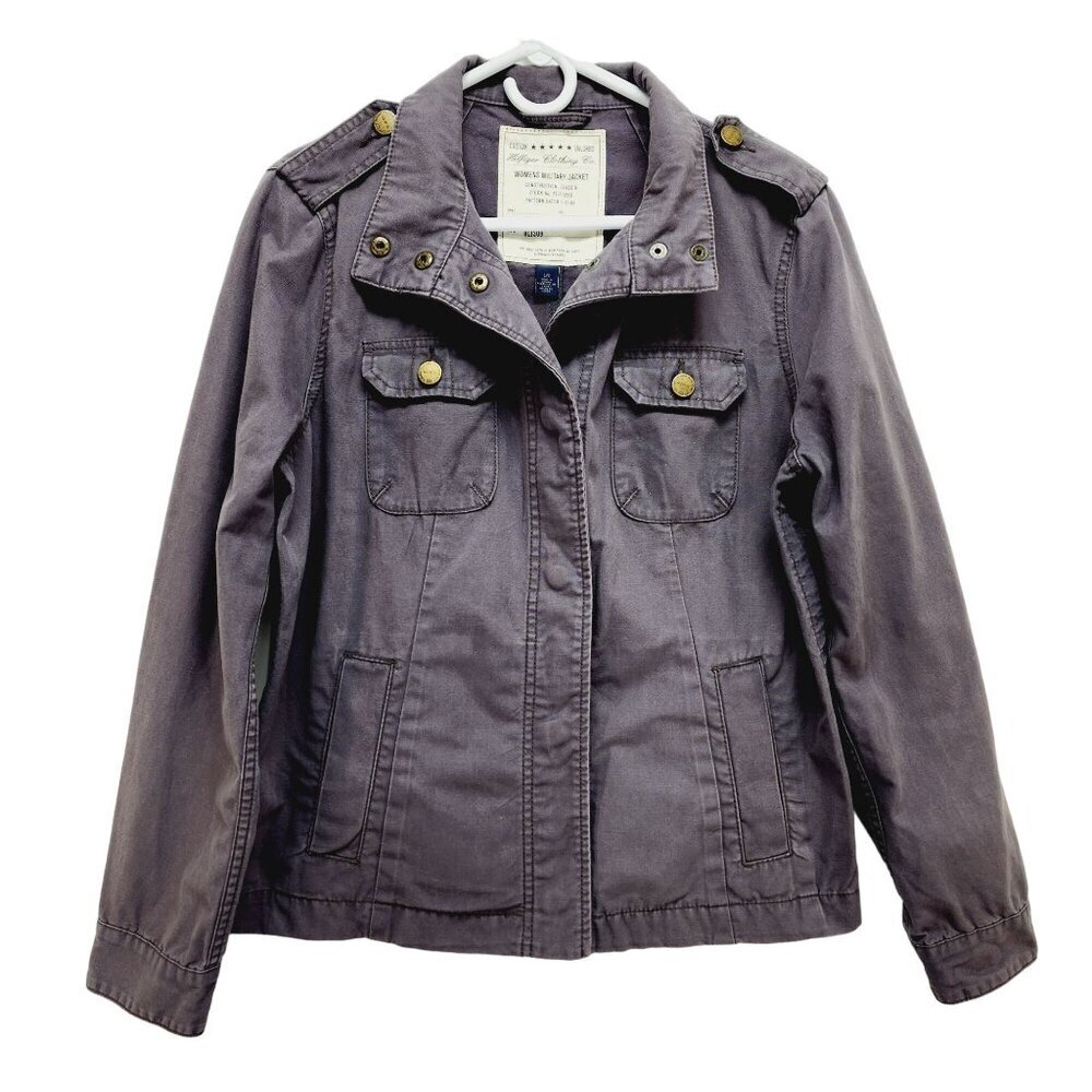 TOMMY HILFIGER Military Style Jacket Size L Gray Snap Up Blazer Women